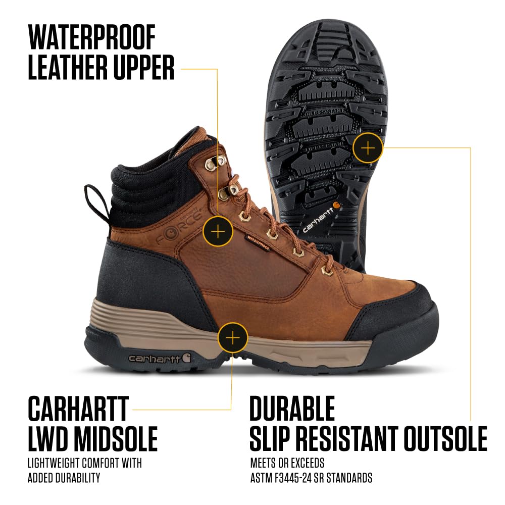 Carhartt Force HD 6" Soft Toe Work Boots for Men - Waterproof, Slip Resistant, Insite Cushioned, Electrical Hazard Rated - Image 3