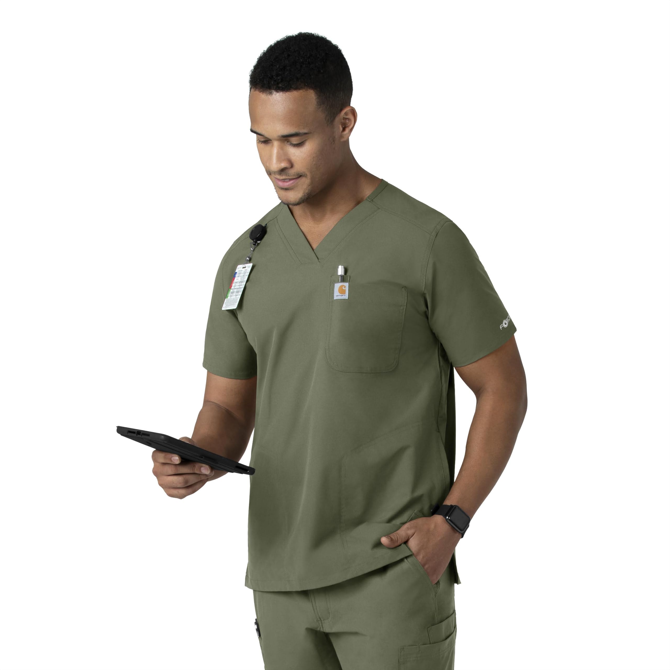 Carhartt Scrubs for Men, Force Essentials, V-Neck Shirttail Tops with 4 Pockets Olive - Image 3