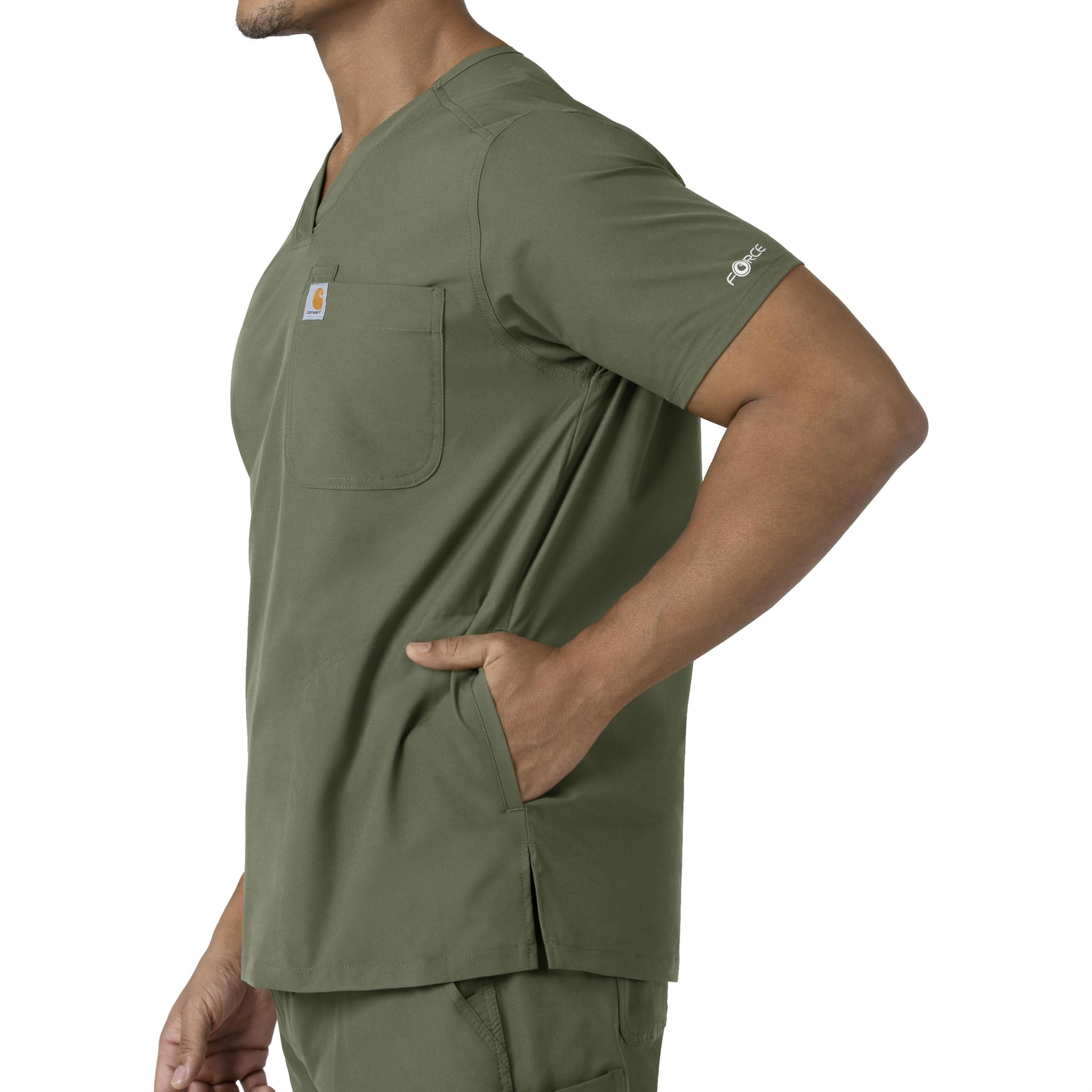 Carhartt Scrubs for Men, Force Essentials, V-Neck Shirttail Tops with 4 Pockets Olive - Image 6