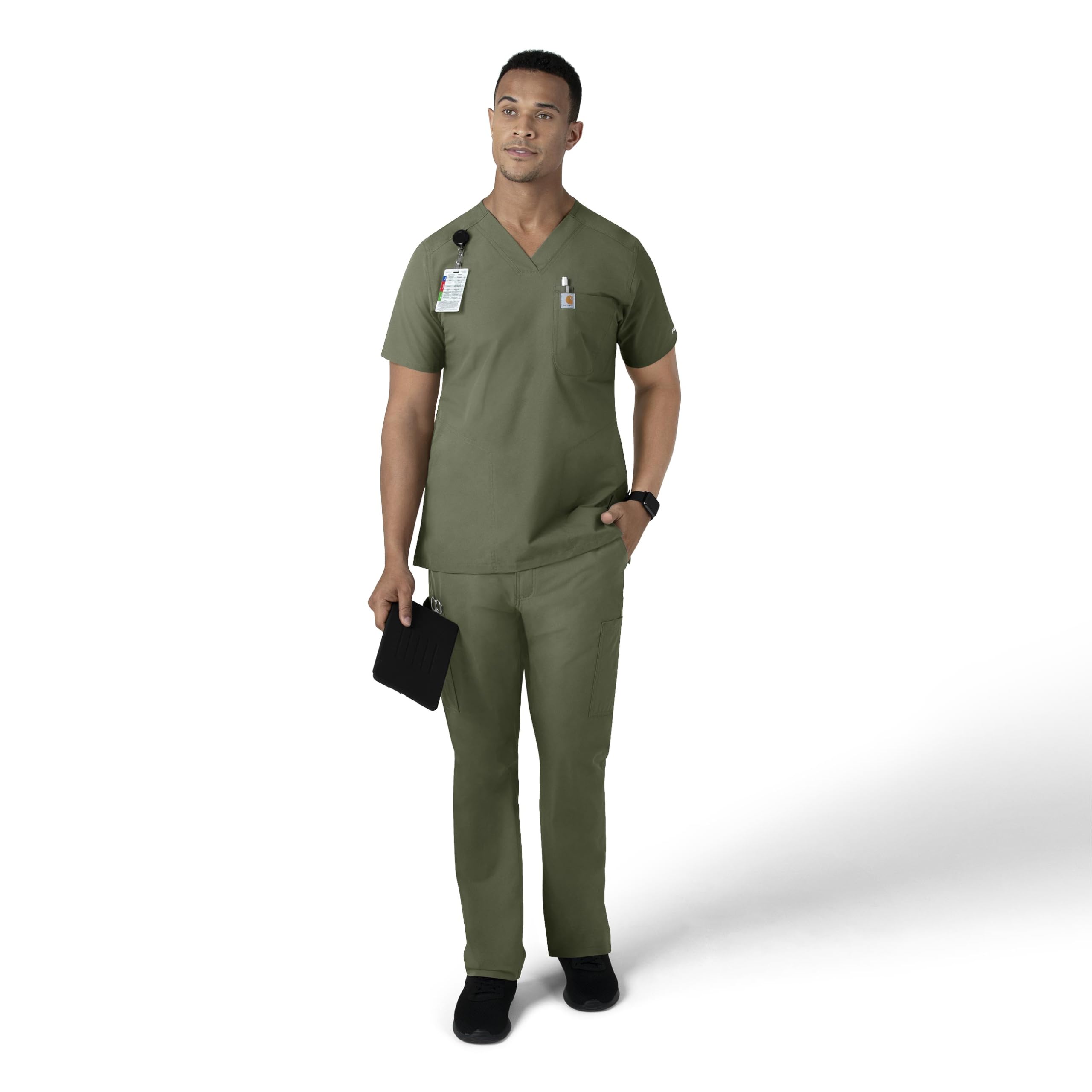 Carhartt Scrubs for Men, Force Essentials, V-Neck Shirttail Tops with 4 Pockets Olive - Image 9